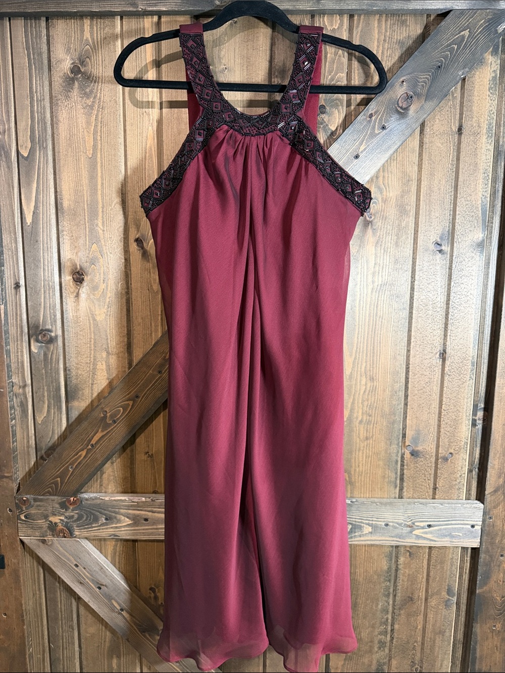 cleo Wine-Red Satin Dress with Label Detail